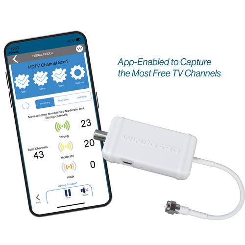 Main image of the Smart Signal Meter with 5G Filter with a phone showing the free Winegard App on the screen